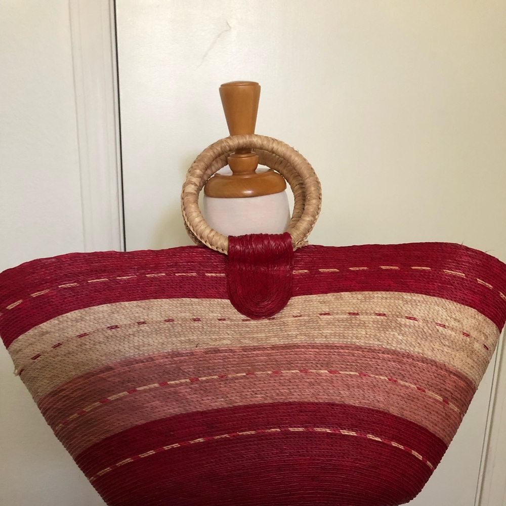 Elegant Red and Tan Woven Tote Bag